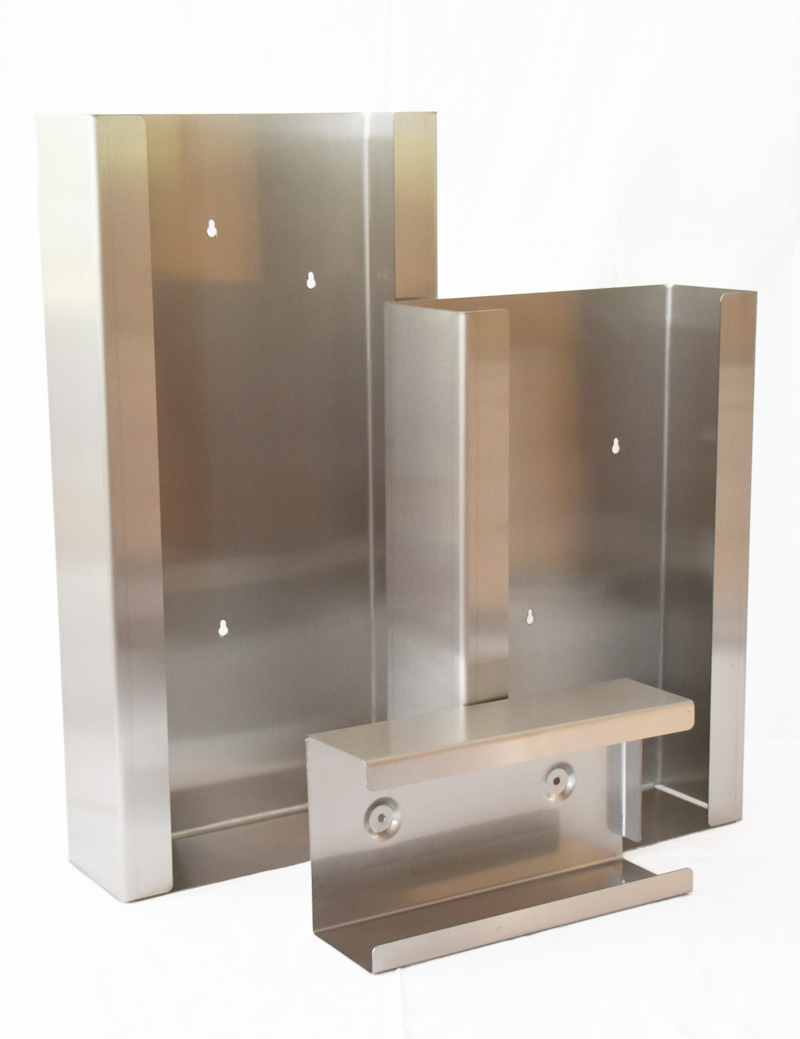 Dávkovače INOX NexArmor na jednorázové rukavice – nerezová ocel, verze pro 1, 3 a 4 balení, nástěnná montáž.